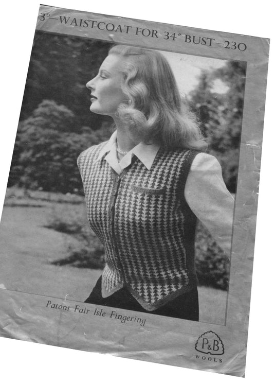 1940s Patons #230 Waistcoat Knitting Pattern • 34"