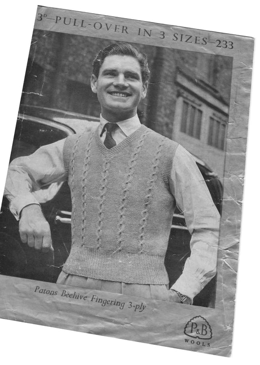 1940s Patons #233 Men's Vest Jumper Knitting Pattern • 3 Sizes