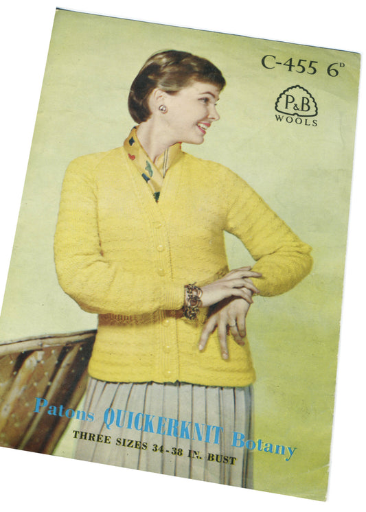 1950s Patons #455-6 Cardigan Knitting Pattern • 34" - 38"