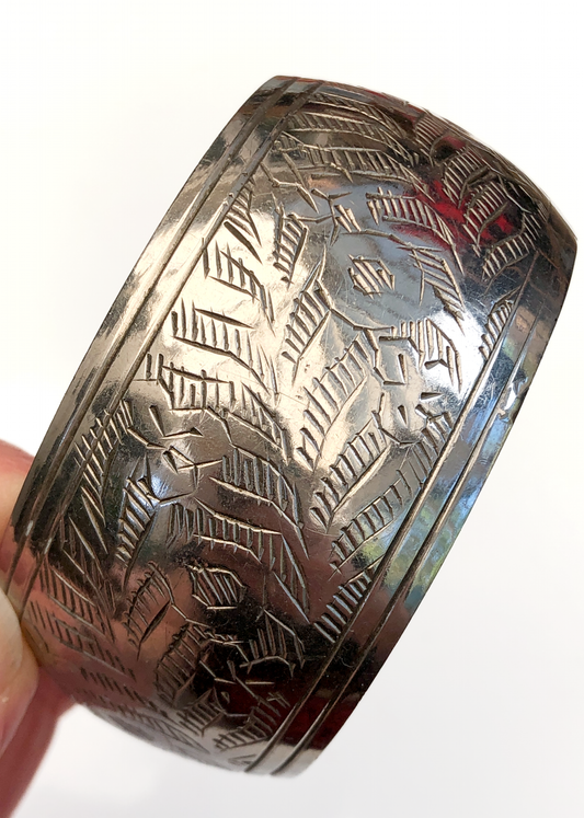 Vintage Wide Silver-Tone Etched Bangle • Domed