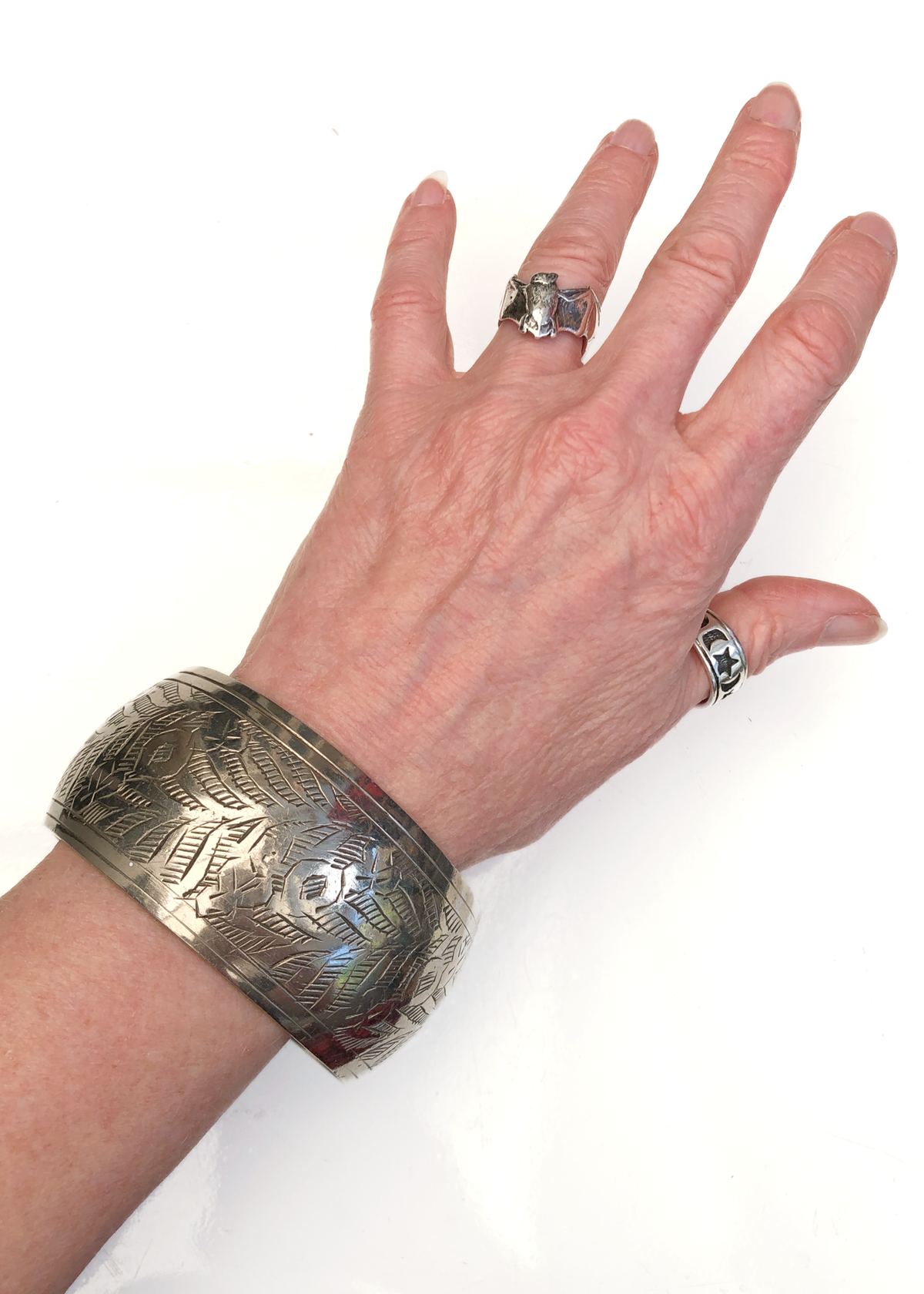 Vintage Wide Silver-Tone Etched Bangle • Domed