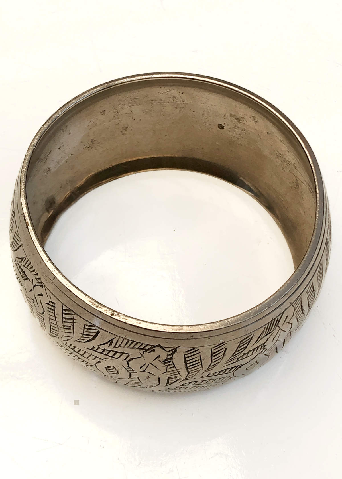 Vintage Wide Silver-Tone Etched Bangle • Domed