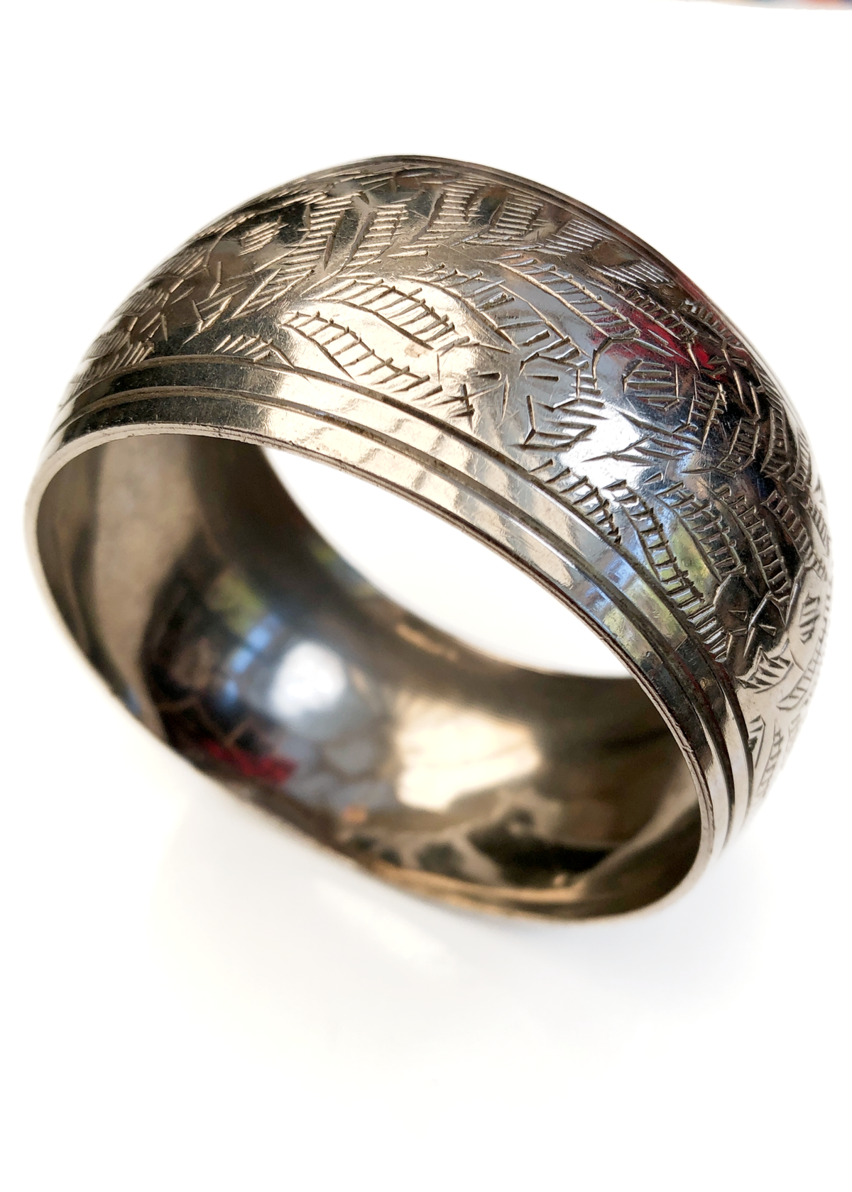 Vintage Wide Silver-Tone Etched Bangle • Domed