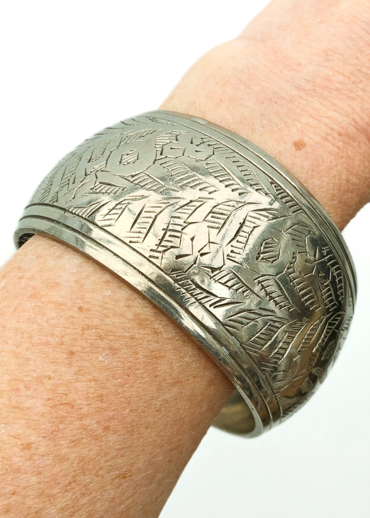 Vintage Wide Silver-Tone Etched Bangle • Domed
