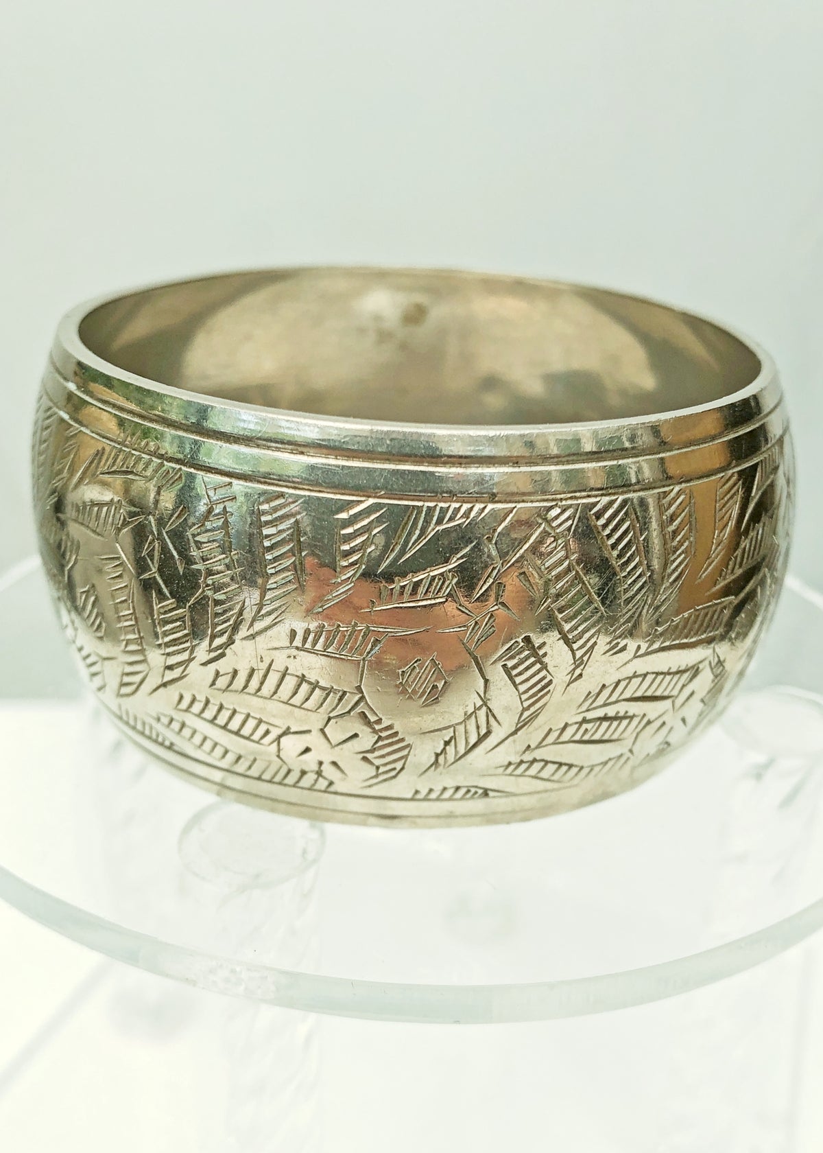 Vintage Wide Silver-Tone Etched Bangle • Domed