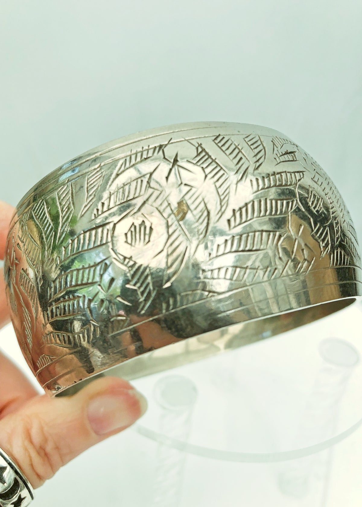 Vintage Wide Silver-Tone Etched Bangle • Domed