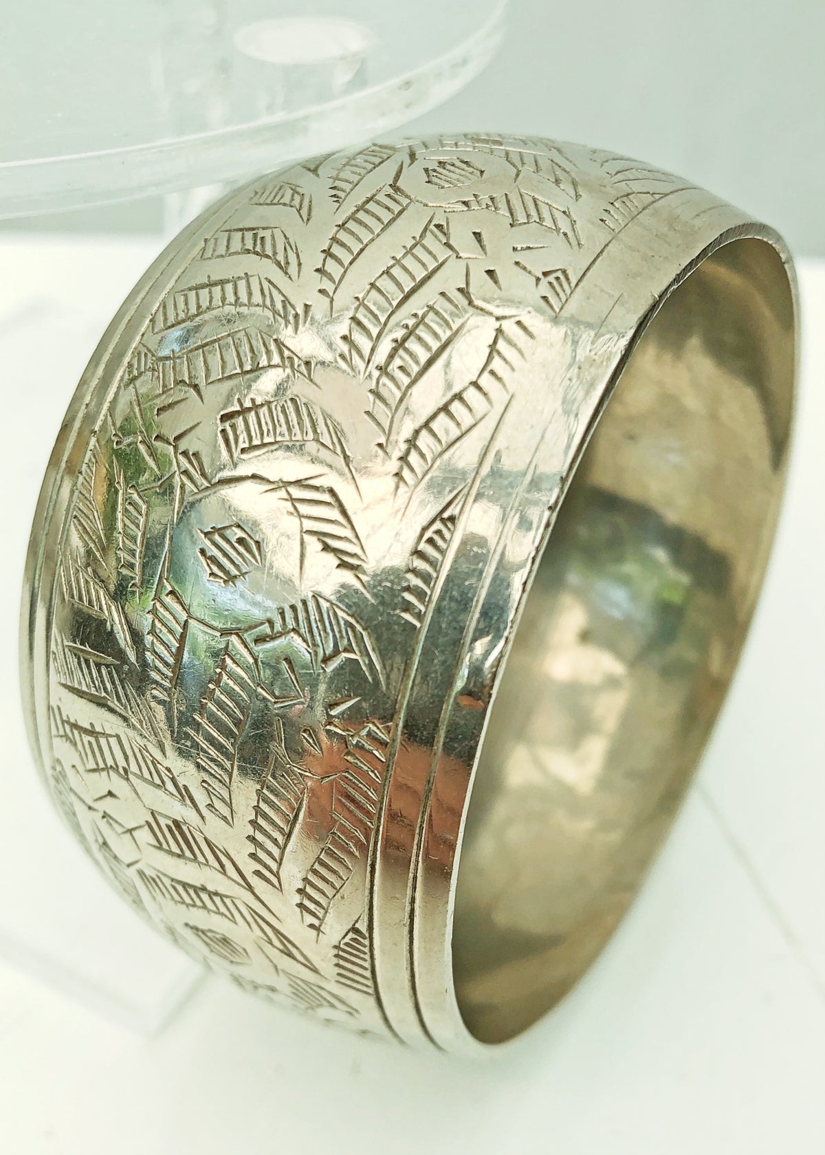 Vintage Wide Silver-Tone Etched Bangle • Domed