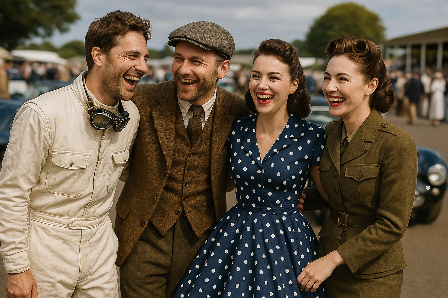 a photo realistic square 1:1 format image of a group of friends at the Goodwood Revival, each are wearing appropriate period outfits but all are dressed differently to each other, They're all happy having a wonderful time. Don't add any text or banners at all. Just show the people.