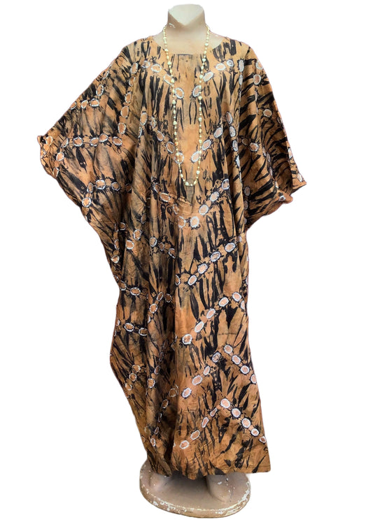 Vintage African Batik Print Brown Kaftan Maxi Dress