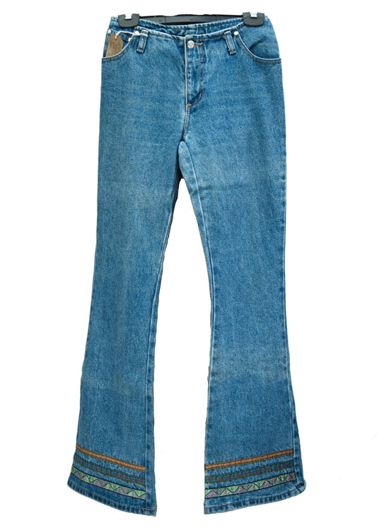 vintage low slung hippie denim jeans, bell bottom flares with ribbon braid