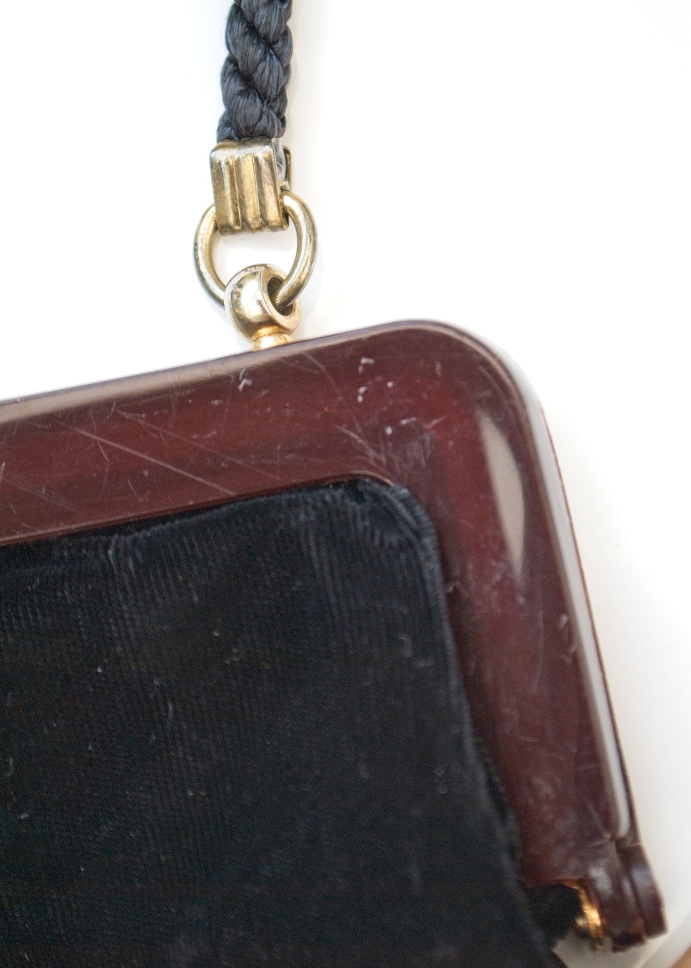 Vintage 70s Black Velvet Evening Purse with Celluloid Frame • Cord Shoulder Strap