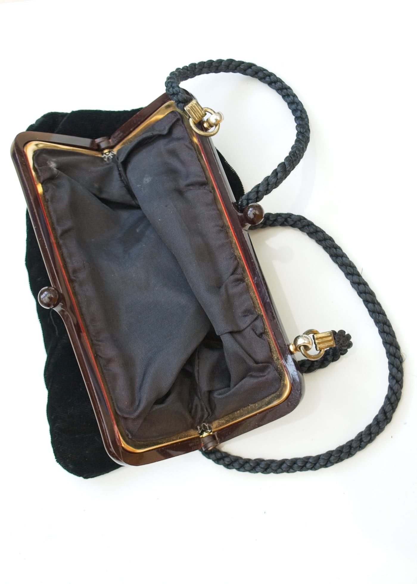 Vintage 70s Black Velvet Evening Purse with Celluloid Frame • Cord Shoulder Strap