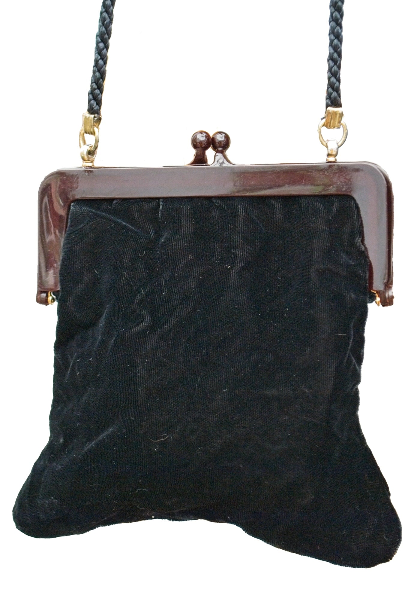Vintage 70s Black Velvet Evening Purse with Celluloid Frame • Cord Shoulder Strap