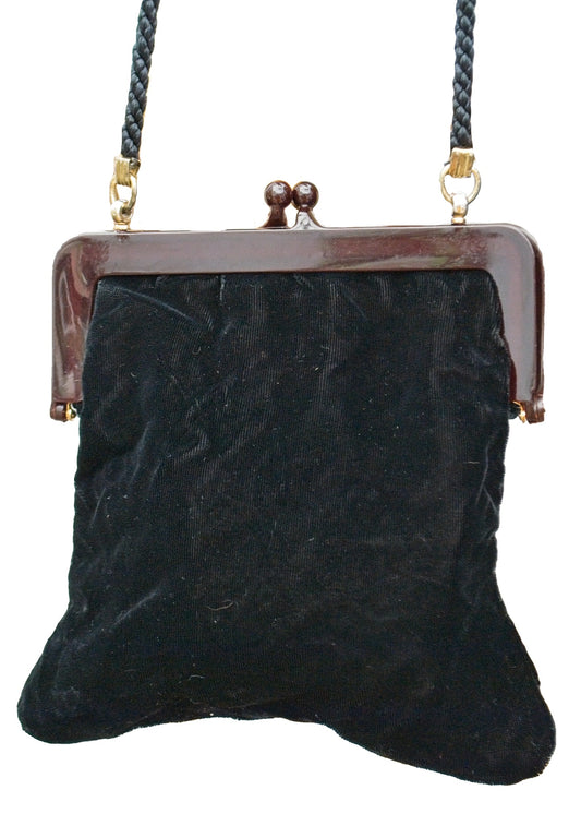 Vintage 70s Black Velvet Evening Purse with Celluloid Frame • Cord Shoulder Strap