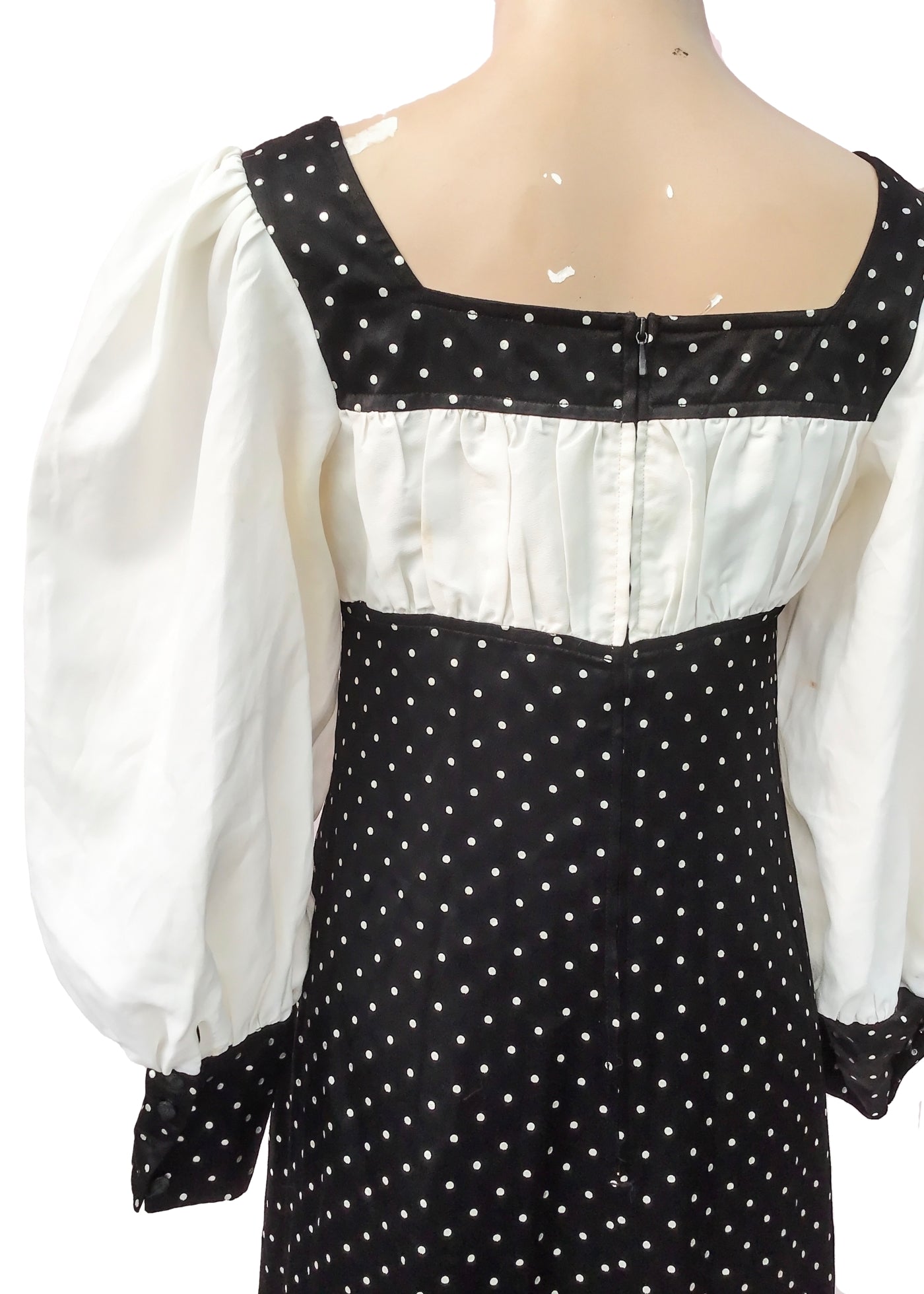 1960s Vintage Black Satin Polka Dot Maxi Dress • Balloon Sleeves • by Truworths
