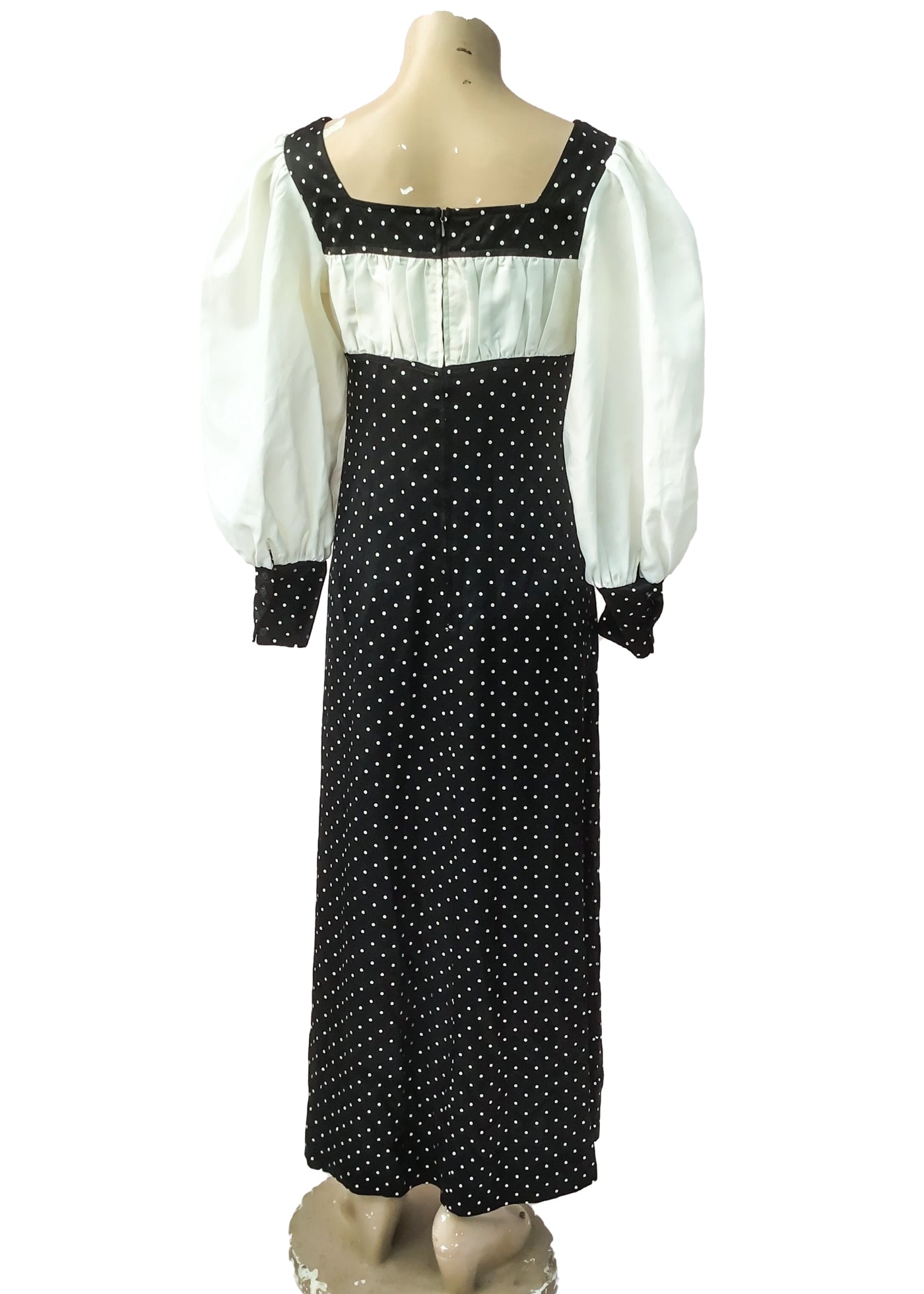 1960s Vintage Black Satin Polka Dot Maxi Dress • Balloon Sleeves • by Truworths