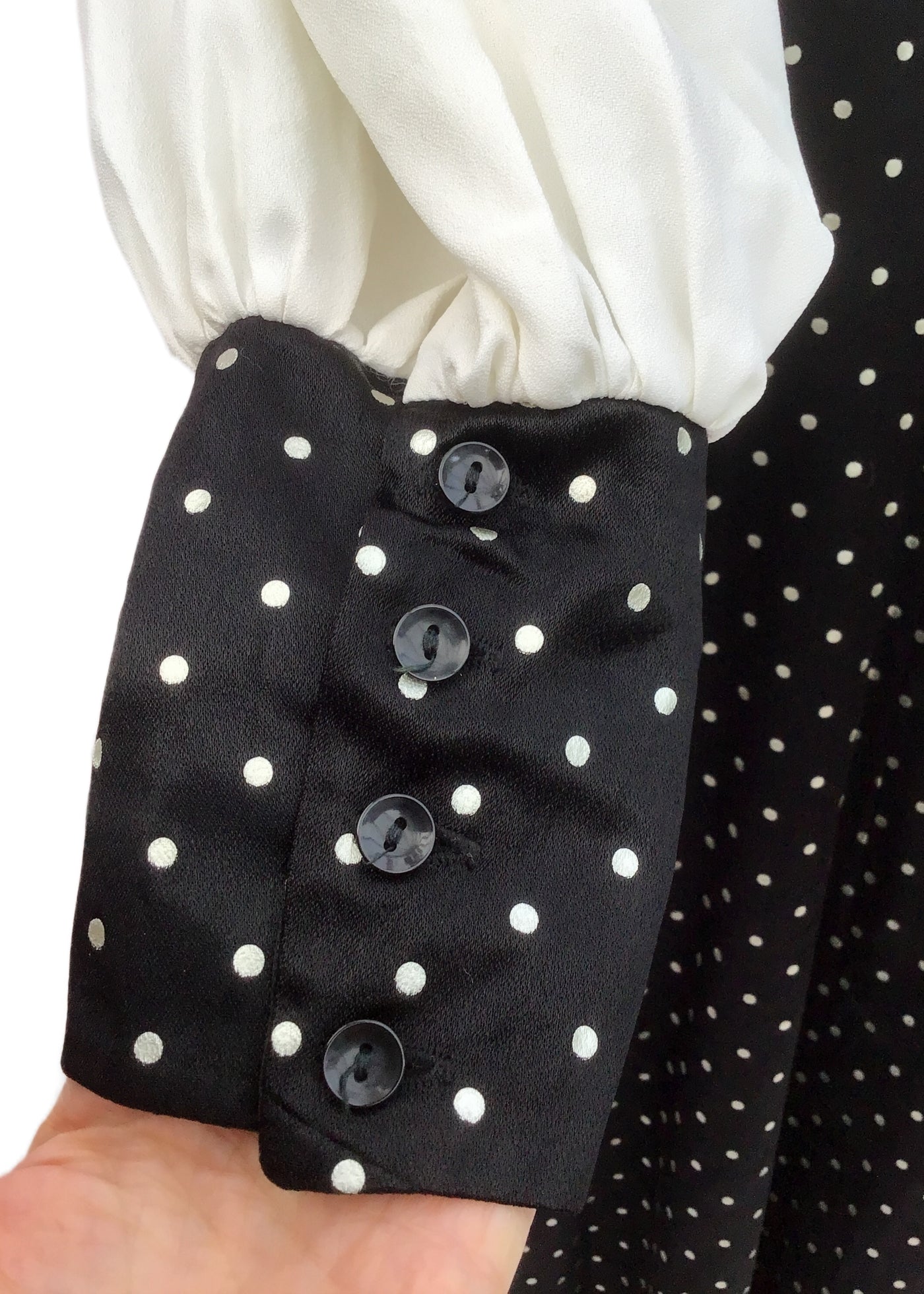 1960s Vintage Black Satin Polka Dot Maxi Dress • Balloon Sleeves • by Truworths