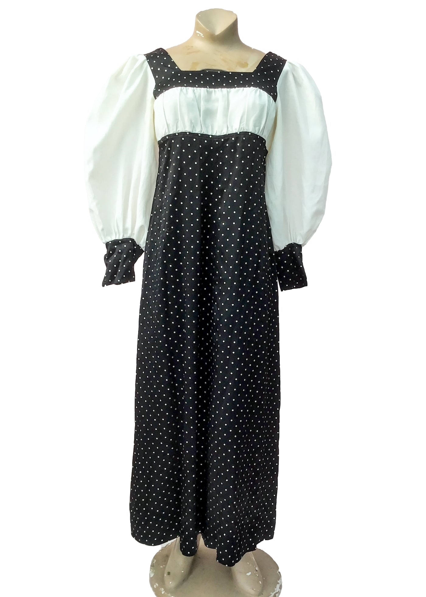 1960s Vintage Black Satin Polka Dot with Balloon Sleeves Maxi Dress • by Truworths