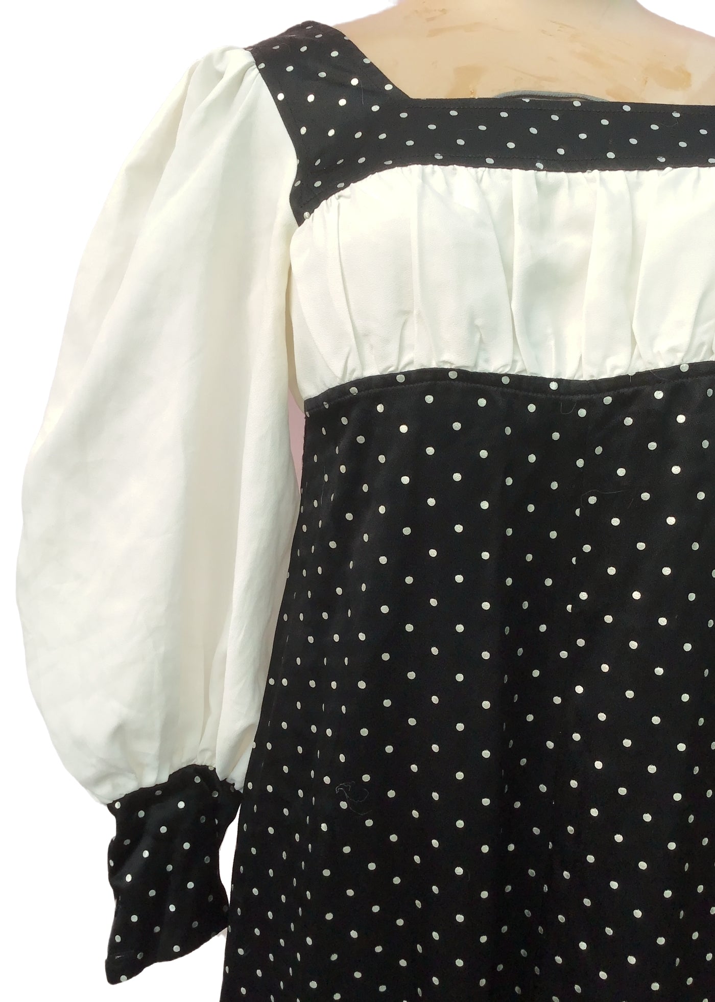 1960s Vintage Black Satin Polka Dot Maxi Dress • Balloon Sleeves • by Truworths