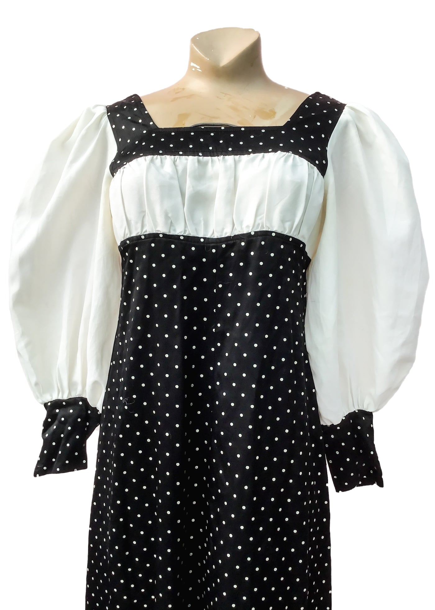 1960s Vintage Black Satin Polka Dot Maxi Dress • Balloon Sleeves • by Truworths