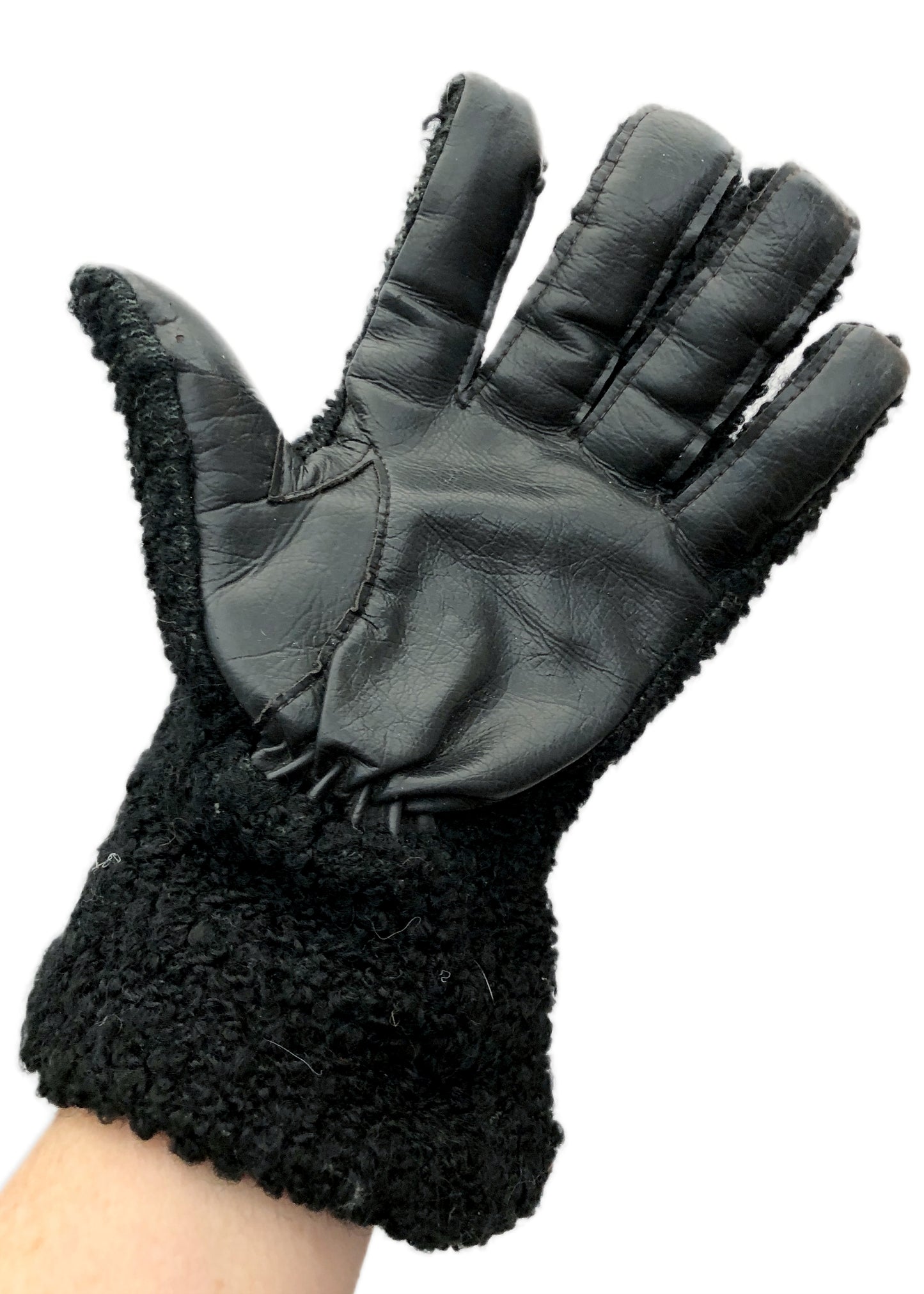 1940s Vintage Black Astrakhan Leather Gloves • 7.5