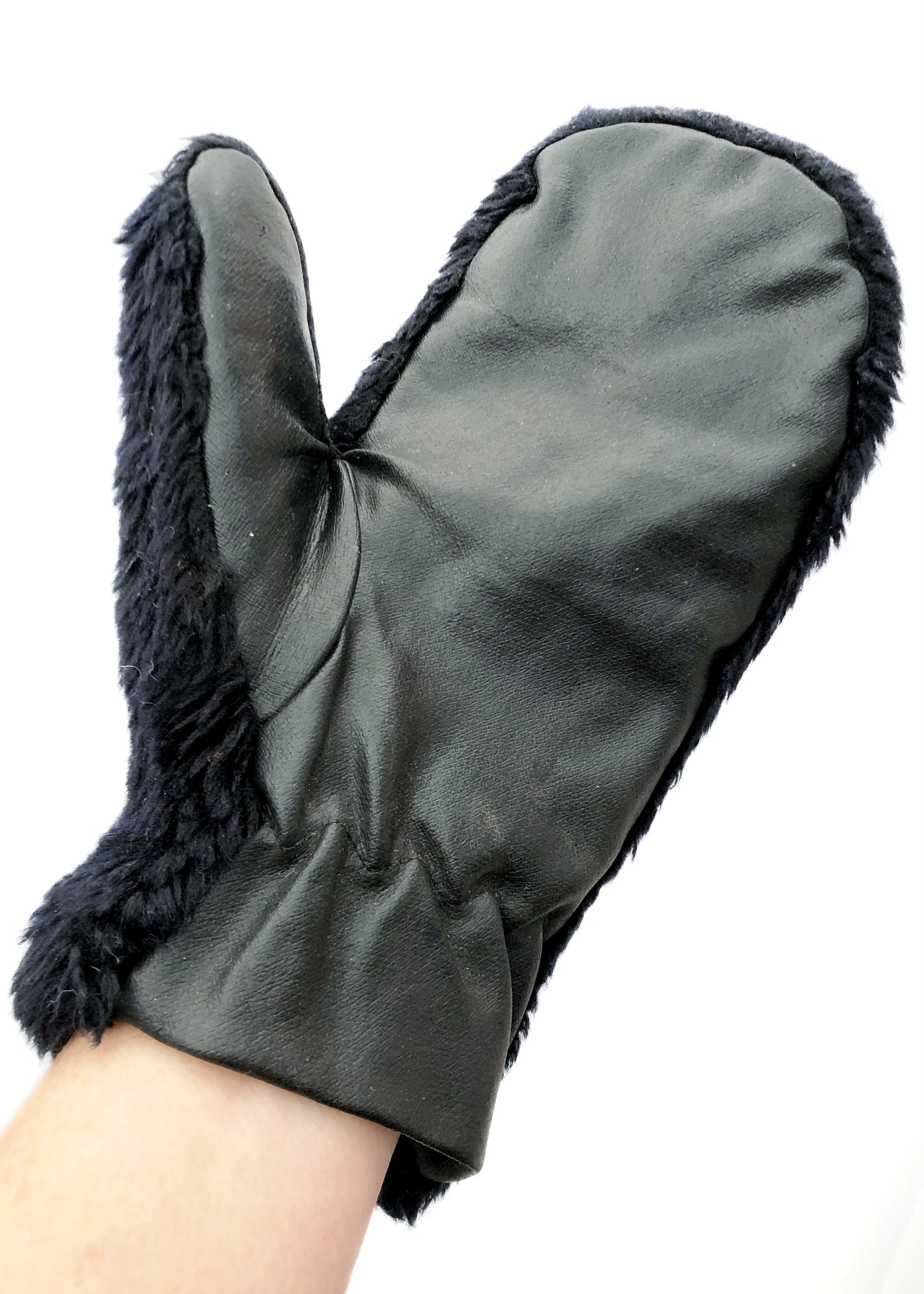 Vintage 60s Black Faux Fur + Vinyl Winter Mittens Gloves • Courtelle