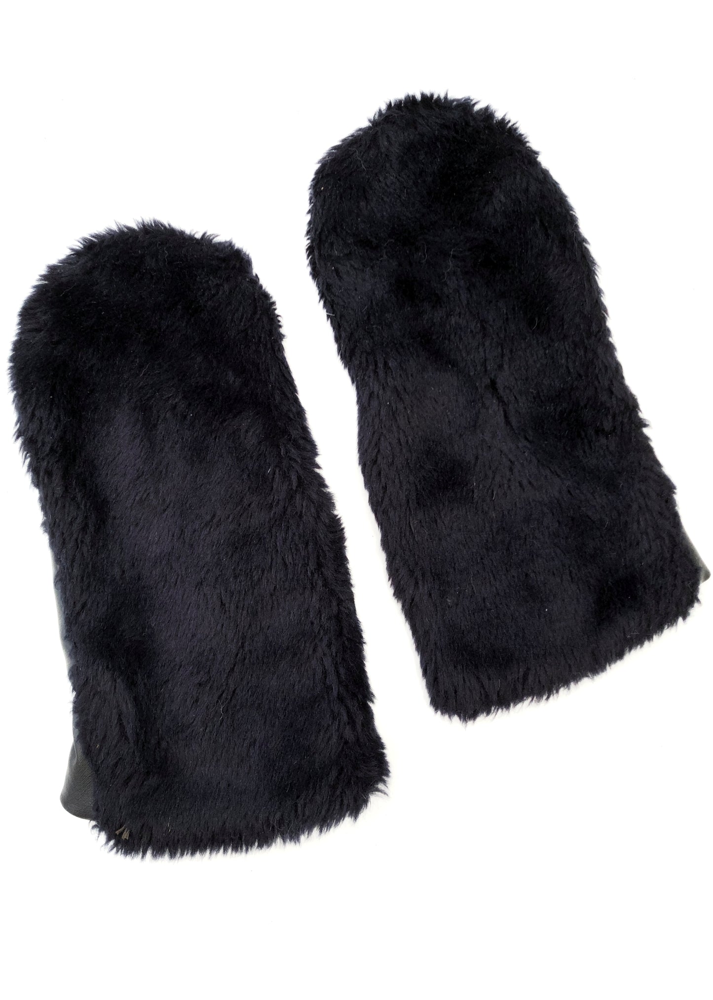 Vintage 60s Black Faux Fur + Vinyl Winter Mittens Gloves • Courtelle