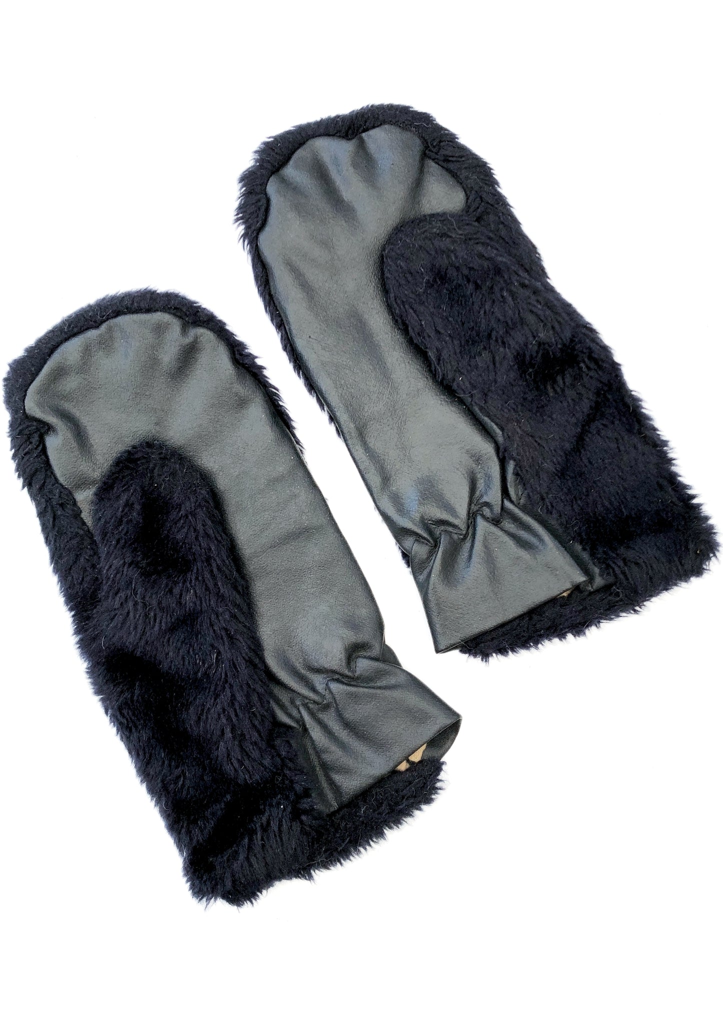 Vintage 60s Black Faux Fur + Vinyl Winter Mittens Gloves • Courtelle