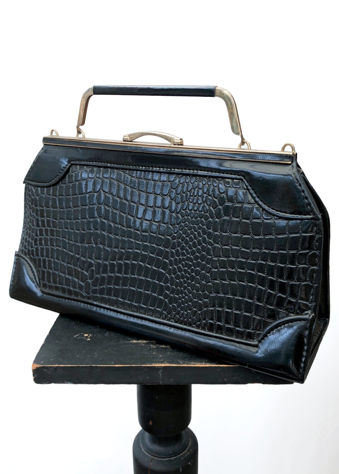 Vintage 60s Black Mock Croc Vinyl Handbag • Metal Top Handle