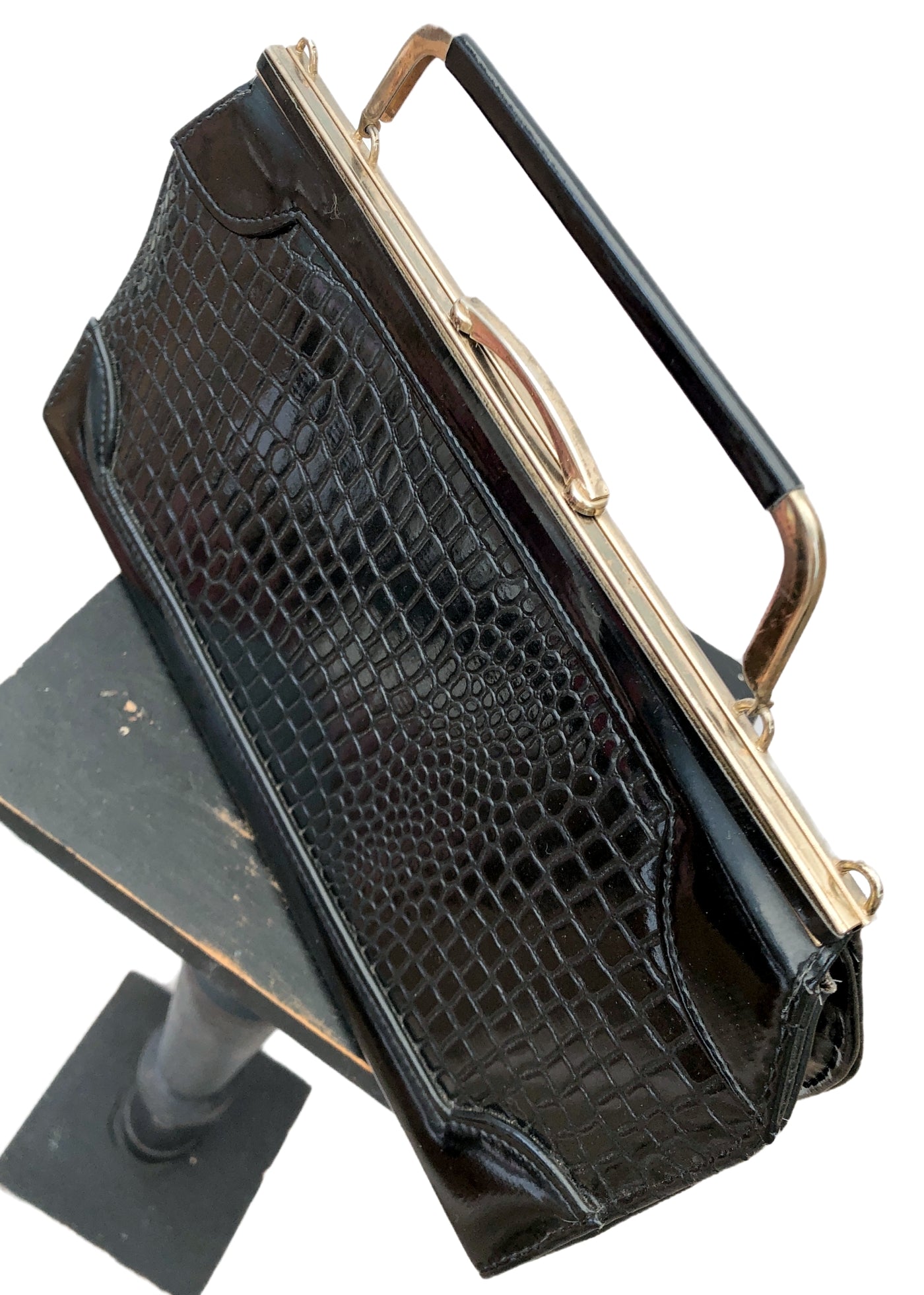 Vintage 60s Black Mock Croc Vinyl Handbag • Metal Top Handle