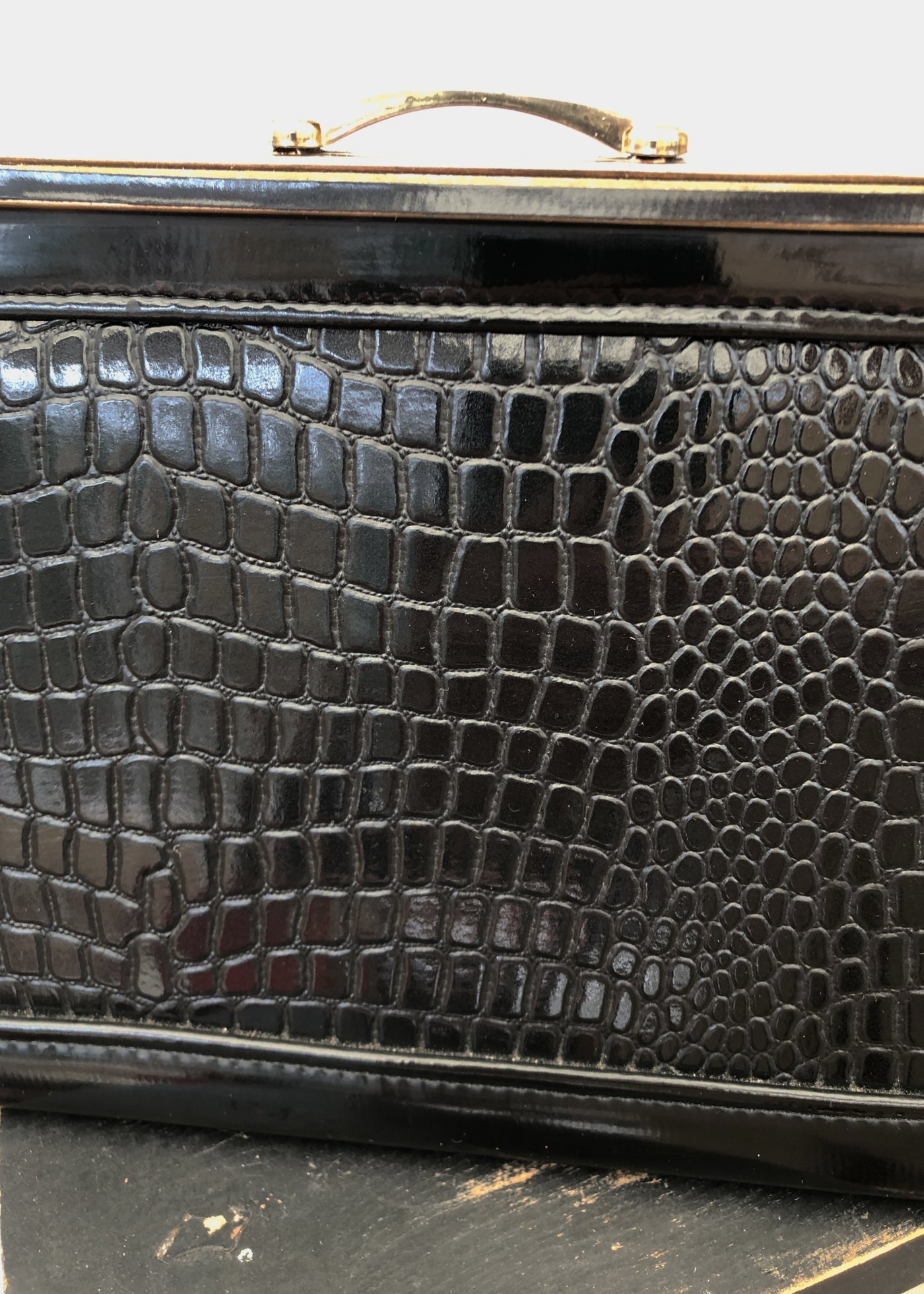Vintage 60s Black Mock Croc Vinyl Handbag • Metal Top Handle