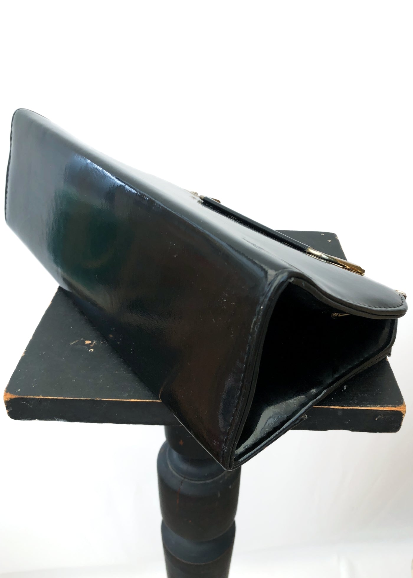 Vintage 60s Black Mock Croc Vinyl Handbag • Metal Top Handle