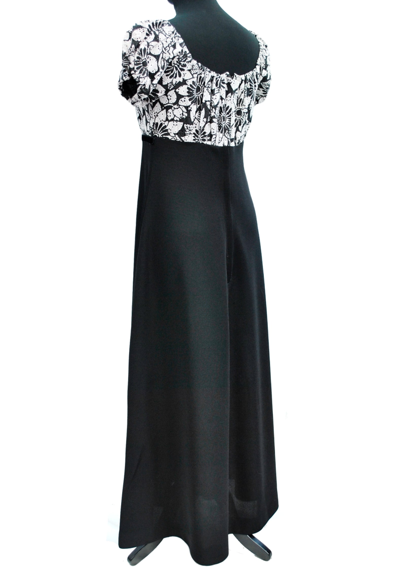 1970s Vintage Black White Empire Line Evening Dress Maxi Dress