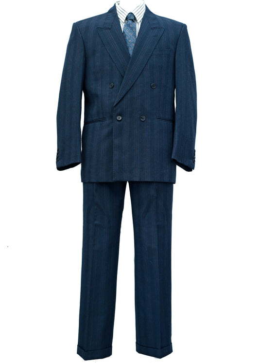 80s vintage blue striped gangster style double breasted suit with peaked lapels, and turn up trousers to fit a 40S by Centaur