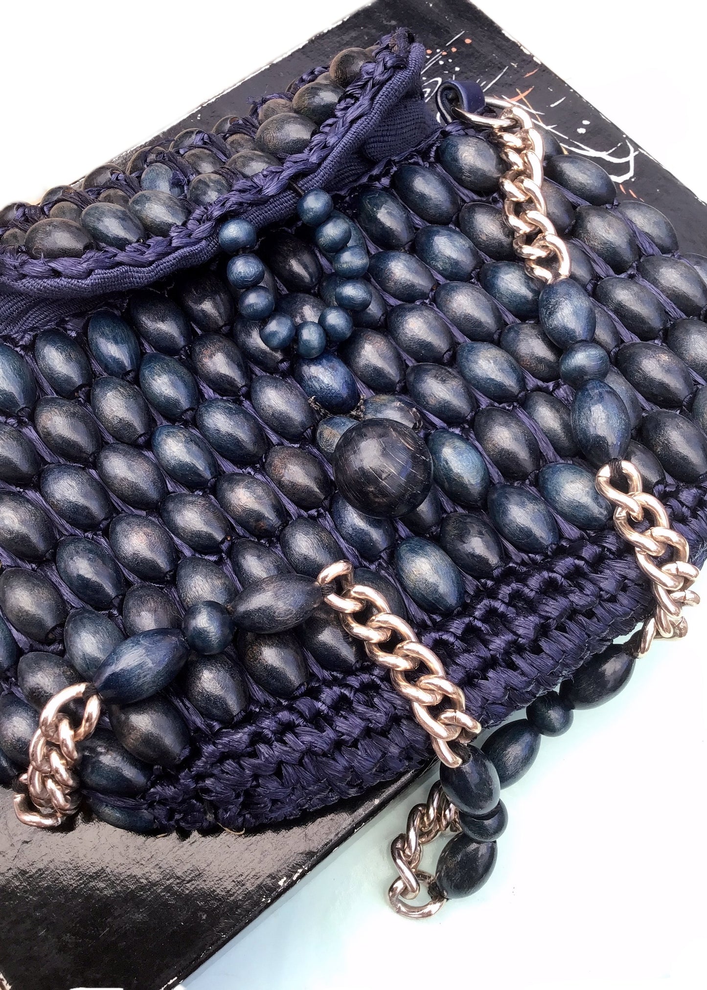 Vintage Blue Dyed Wood Beaded Raffia Shoulder Bag Purse