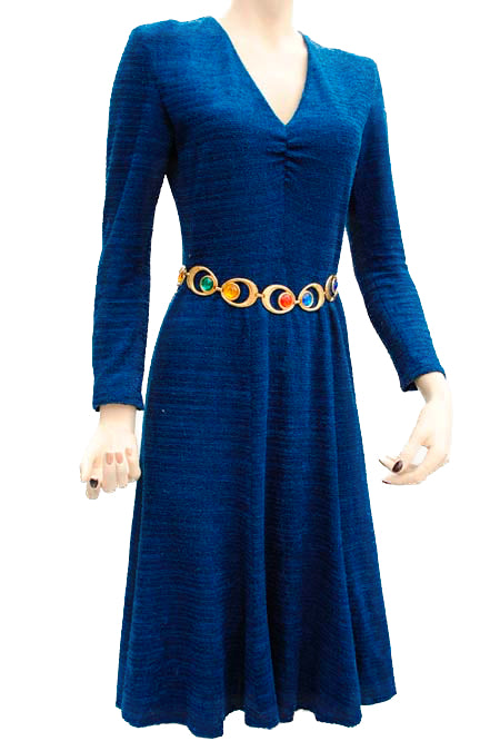 vintage 70s 1940s revival dress in cobalt blue boucle knit. Long sleeve flared dress, mid length with long sleeves. 