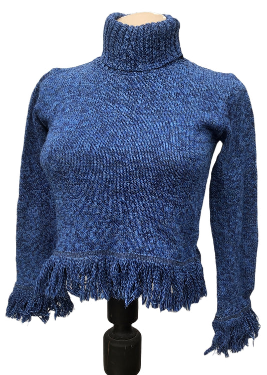 Vintage 90s Blue Cropped Roll Neck Fringed Sweater