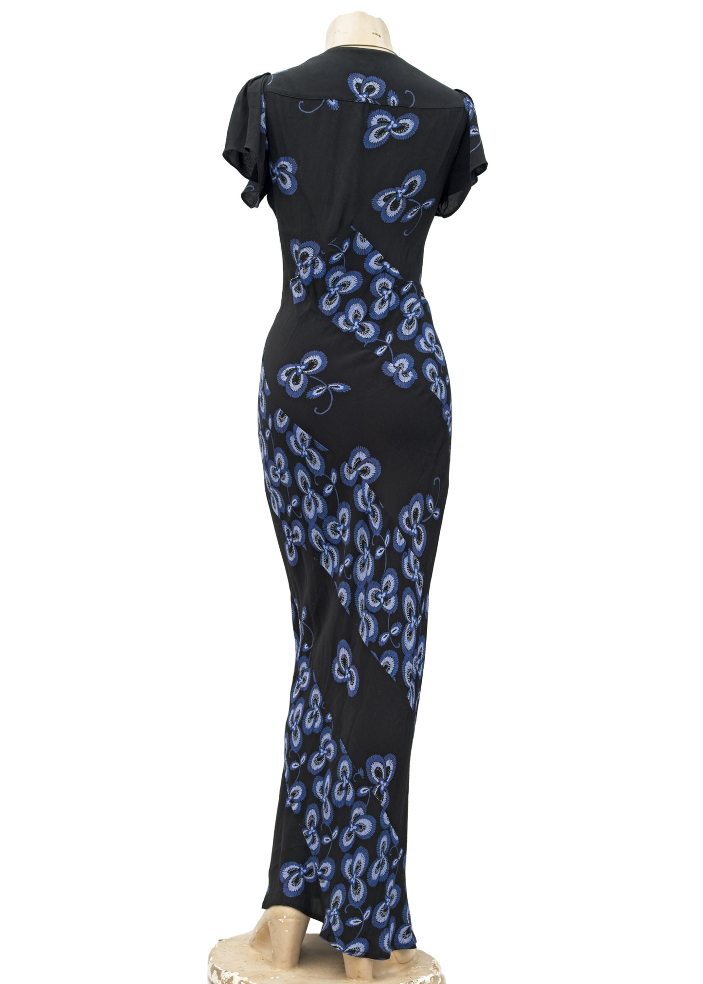 Y2K Ossie Clark Blue and Black Bias Cut Evening Dress • UK14