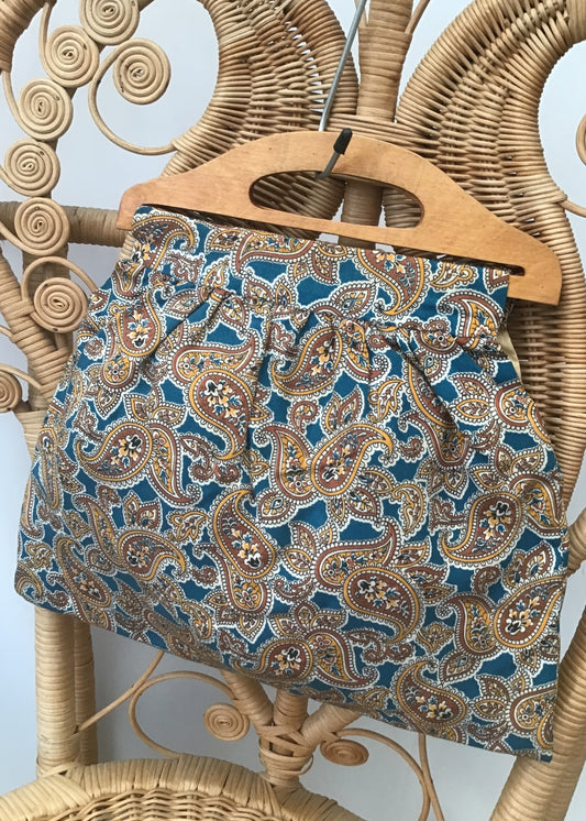 Vintage 40s Teal Paisley Knitting Bag Yarn Bag • Wood Handles