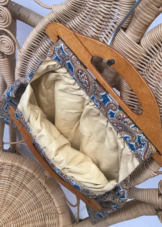 Vintage 40s Teal Paisley Knitting Bag Yarn Bag • Wood Handles