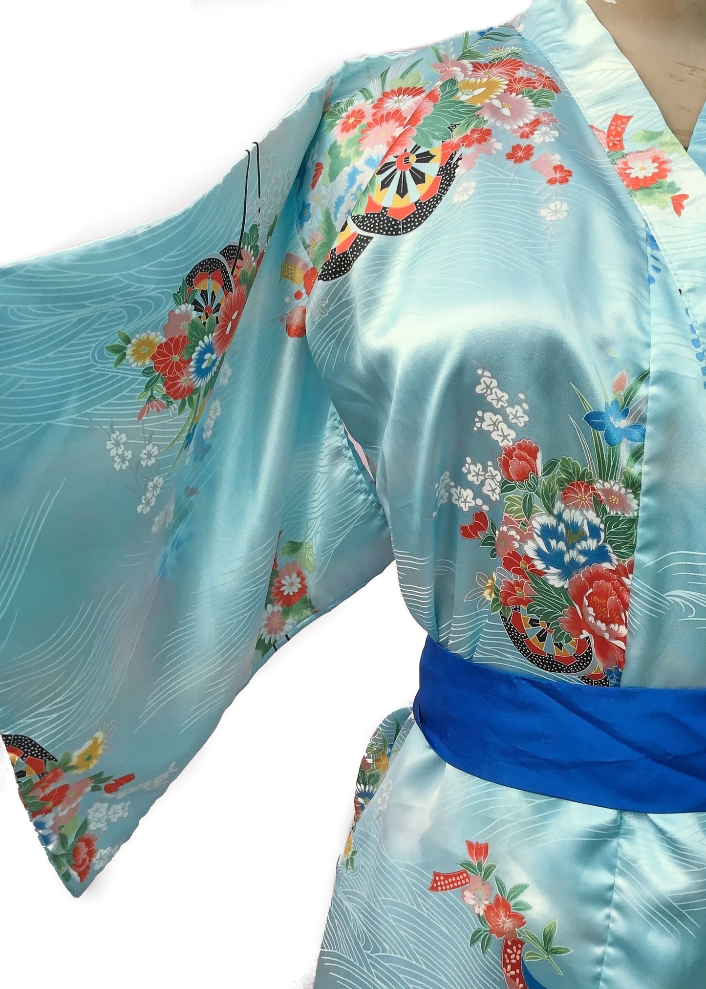 Pale Blue Silky Kimono Robe Flower Pattern