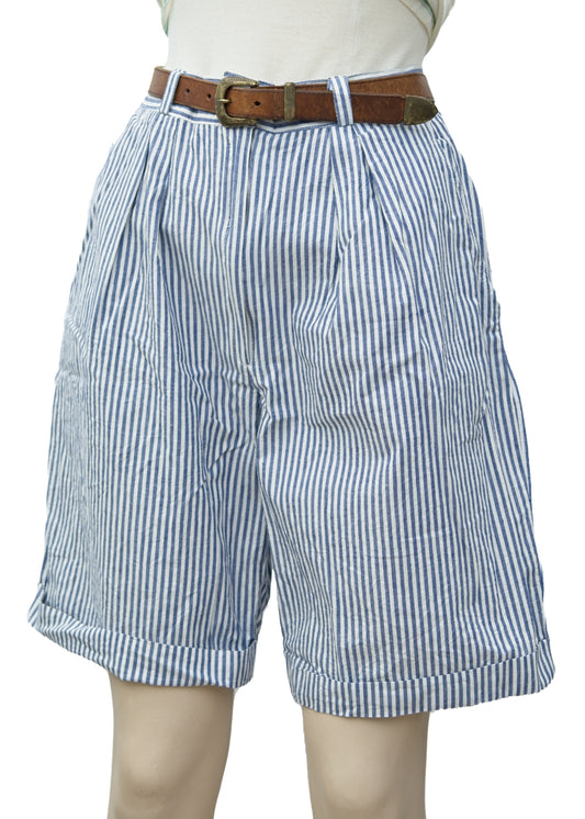 Vintage 80s Womans Rafale Blue Striped Preppy Shorts • Pockets • Waist 30"