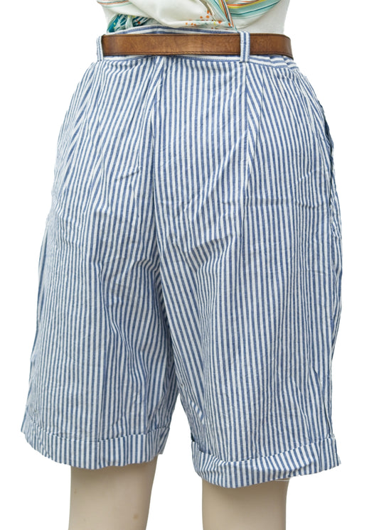 Vintage 80s Womans Rafale Blue Striped Preppy Shorts • Pockets • Waist 30"