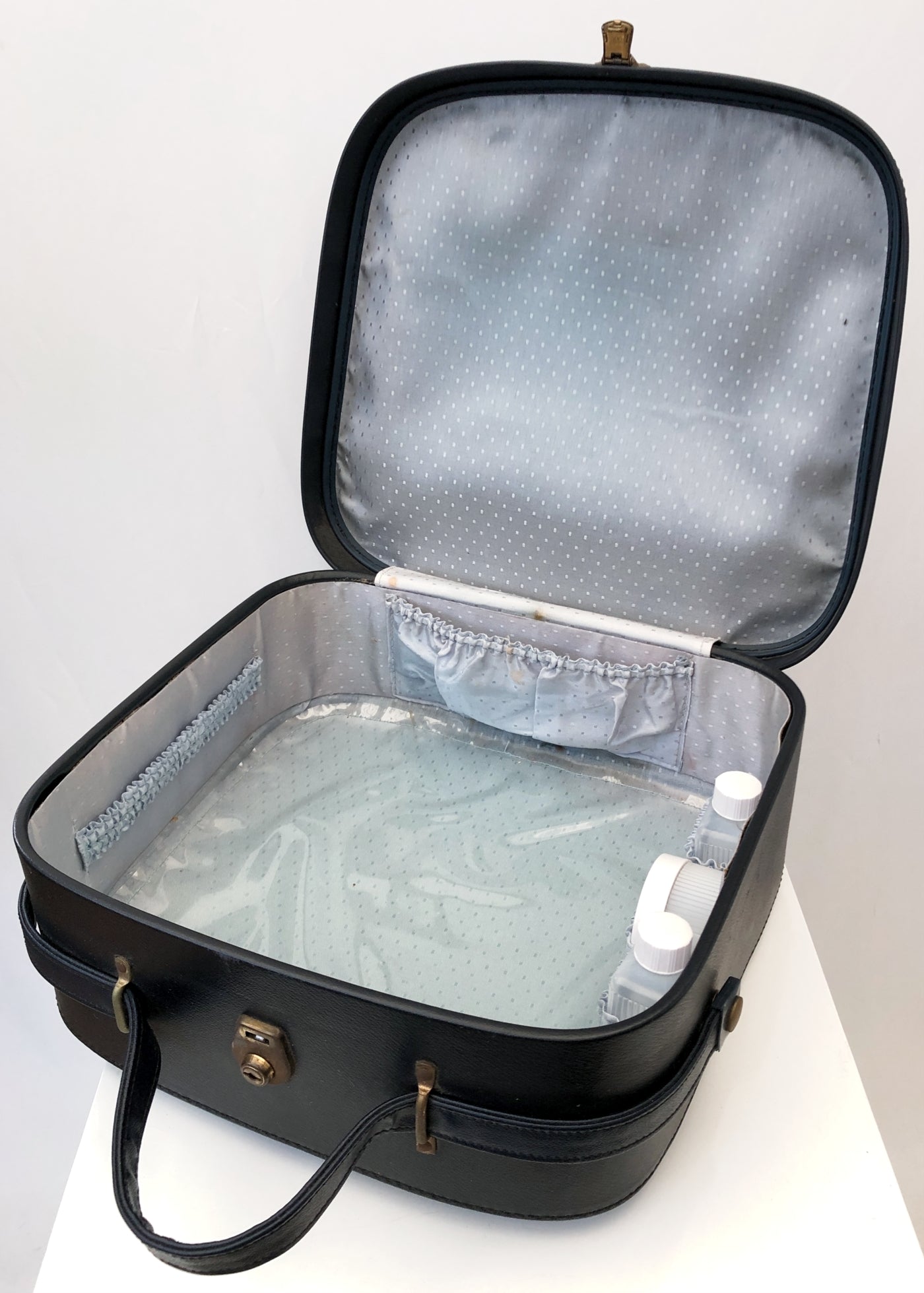 Vintage 60s Navy Blue Vinyl Vanity Case • Lotion Containers