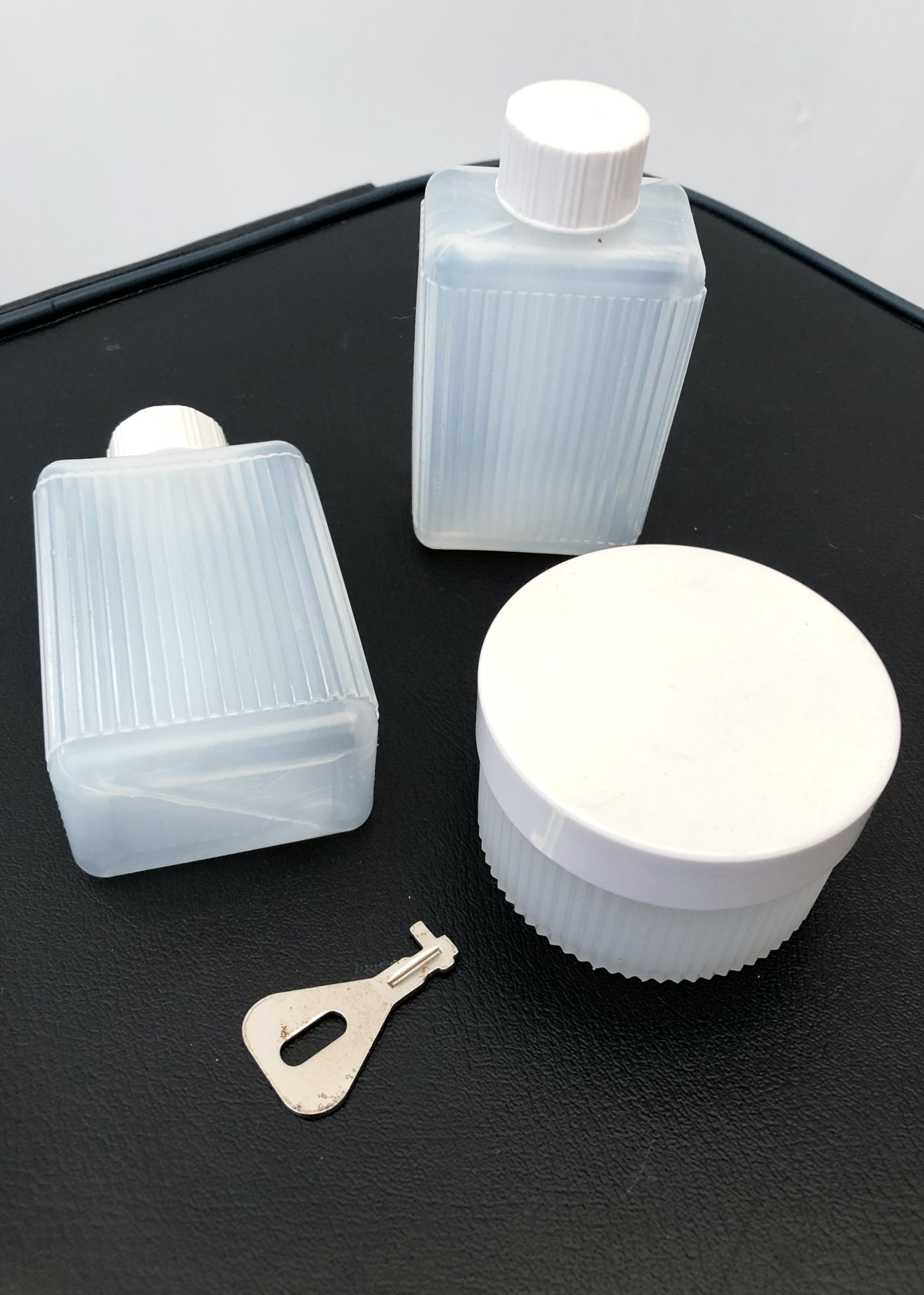 Vintage 60s Navy Blue Vinyl Vanity Case • Lotion Containers