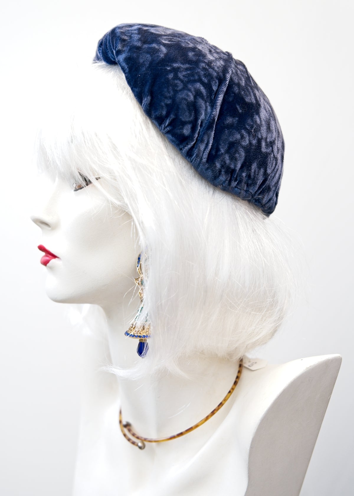 Vintage 50s Blue Patterned Velvet Juliet Cap Hat