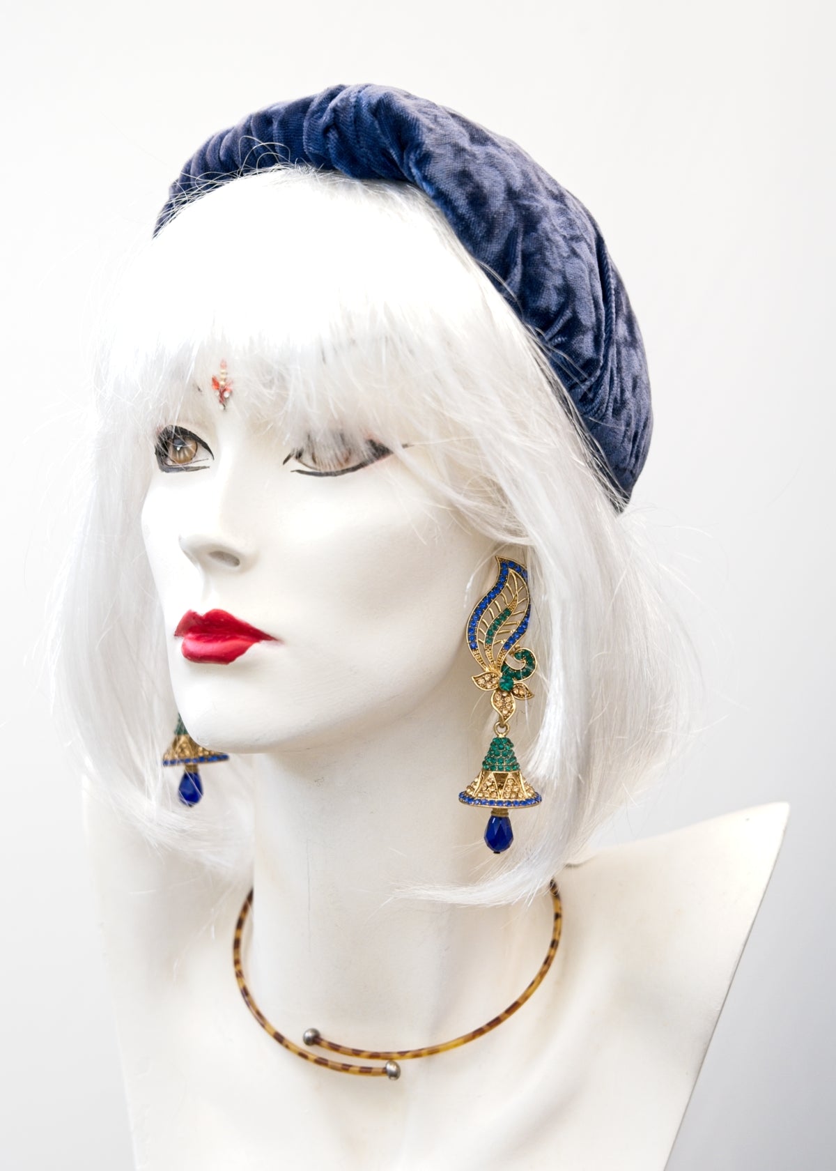 Vintage 50s Blue Patterned Velvet Juliet Cap Hat