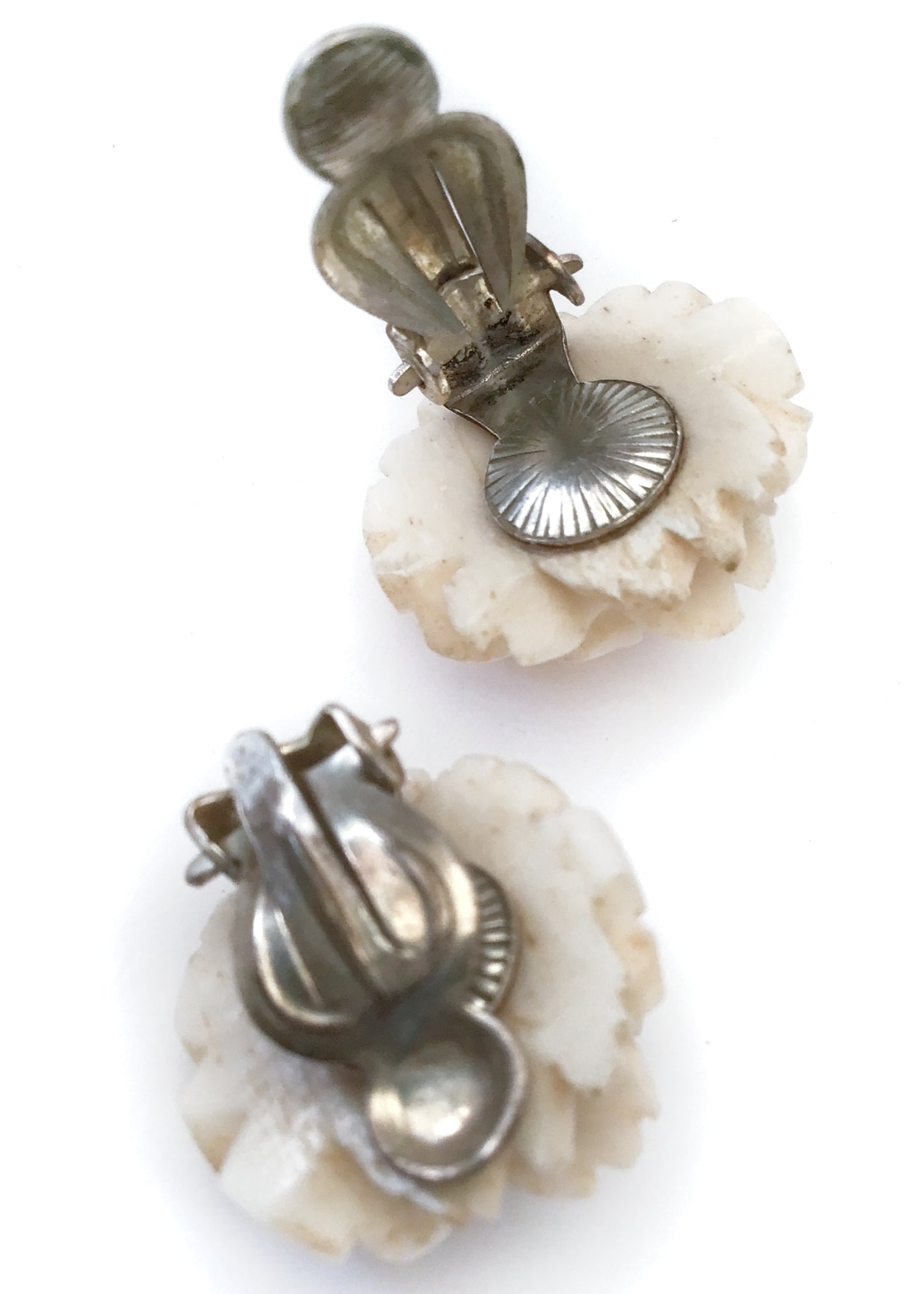 Vintage 30s Carved Bone Rose Flower Clip On Earrings • Oxbone