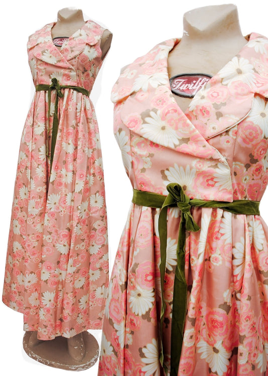 Vintage 60s Pink Floral Empire Line Maxi Gown • Bridgerton Regency Style