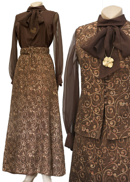 Vintage Chocolate Brown Brocade Evening Gown with Gilet • Hostess Dress